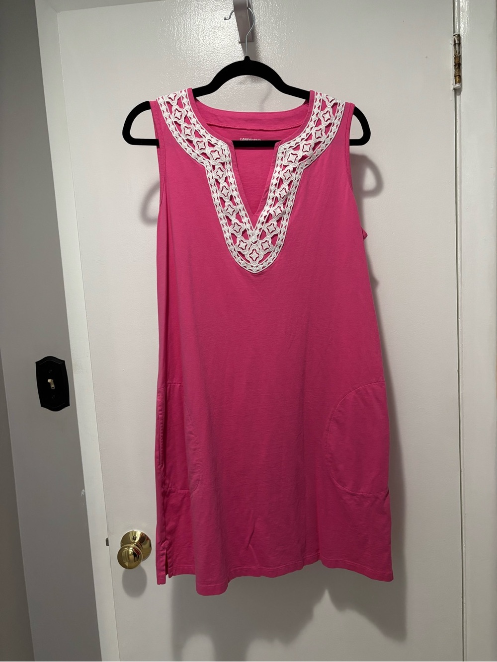 Lands' End Bright Pink Sleeveless Midi Dress with White Crochet V-Neck Medium